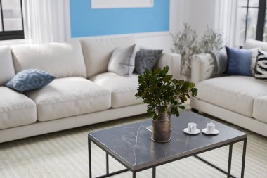 Saf doğal bitkiler vazoya, çay fincanları da sehpaya. 3B görüntüleme