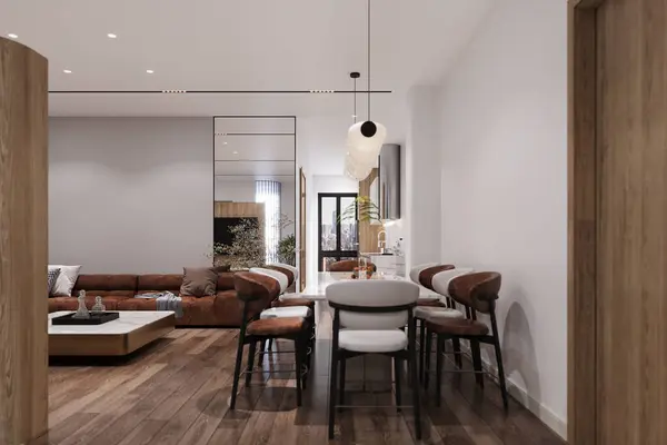 Modern minimalist interior for the dining cum living place with dining table, chairs, Chandelier, and sofa. 3D rendering