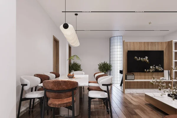 Modern minimalist interior for the dining place with dining table, chairs, LED lighting, saplings, 3D rendering