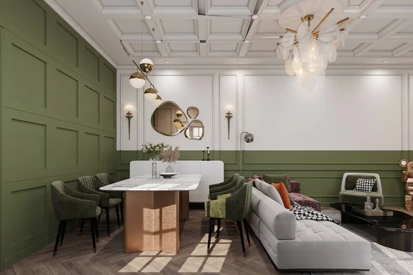 Sunlight entry into the Stylish and botany dining place interior along with Green Ava velvet chairs and a white marble table, wall painted with green and white color. 3D rendering
