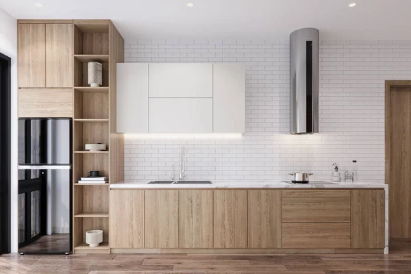 White Brick Wall With Wooden Cupboard and Cabinet for the Kitchen. 3D rendering