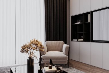 Modern oturma odasındaki TV ünitesinin yanındaki gri koltuk,