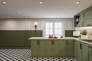 Minimalist mutfak iç mimarisi Yeşil ve beyaz Ava, 3 boyutlu