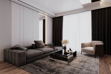 Pencerenin yanındaki modern ve şık kanepe, modern oturma odasında siyah ve beyaz dekorasyon, 3D