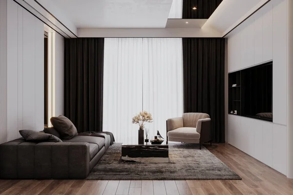 Modular sofa, carpet, and armchair lying on the hardwood floor beside the window, 3D rendering