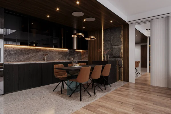 Modern Dining Chairs with Table layout into dining place next to the kitchen, 3D rendering