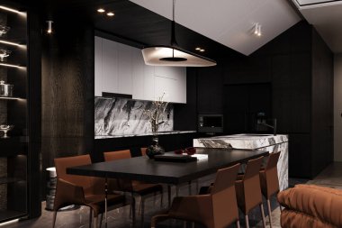Karanlık mutfak masası, sandalyeler, taburesi olan bar adası. 3d oluşturma