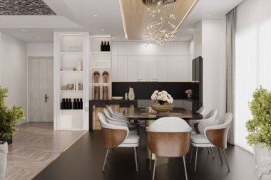 İç mekan ve Mock up, yemek odası ve kiler modern lüks tarzda çarpıcı zıt renkler, gri sandalyeler. 3d oluşturma