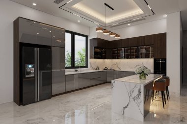 Aletleri olan bir mutfak ve bir mutfak adası olan güzel bir iç mekan. 3d oluşturma