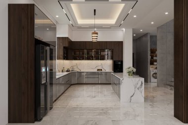 Aletleri olan bir mutfak ve beyaz ahşap dokunuşlu güzel bir iç mekan. 3d oluşturma