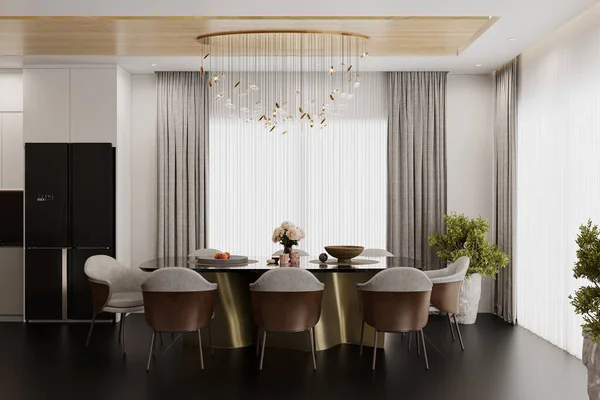 An elegant Chandelier hanging over the dining, window with a white and gray curtain. 3d rendering