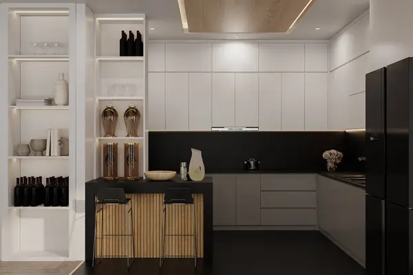 Black and White modern kitchen corner set with appliances. 3d rendering