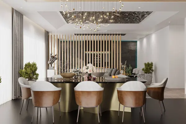 Interior Scene and Mock up, Dining room and pantry in modern luxury style with striking contrasting colors, gray chairs, and Chandelier. 3d rendering