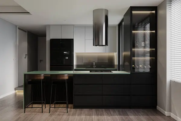 Modern black wall cabinet with green kitchen island, and stools. 3d rendering