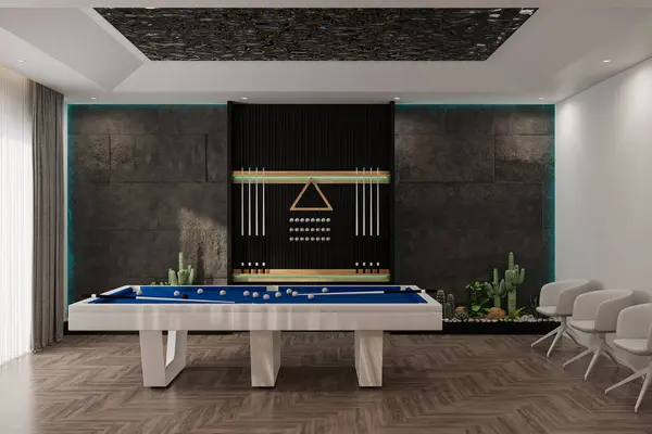 Modern billiard room with a beautiful table and large windows, nobody. 3d rendering