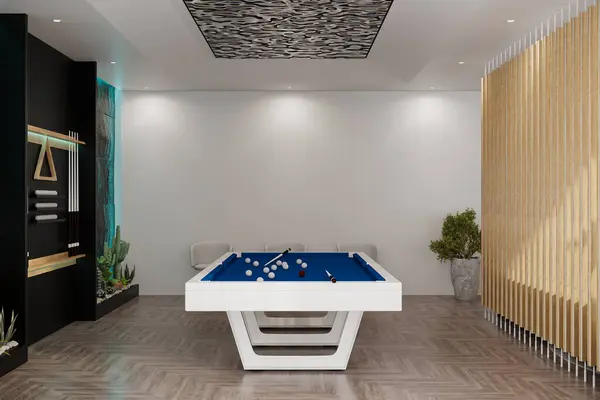 Modern home billiard room with a beautiful table. nobody. 3d renderingModern home billiard room with a beautiful table. nobody. 3d rendering
