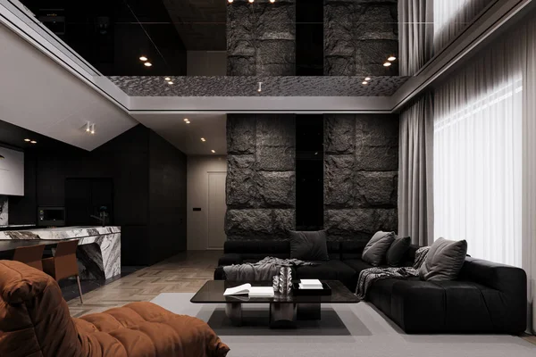 Modern living room with black tones, Modular sofa, and brown couch. 3d rendering