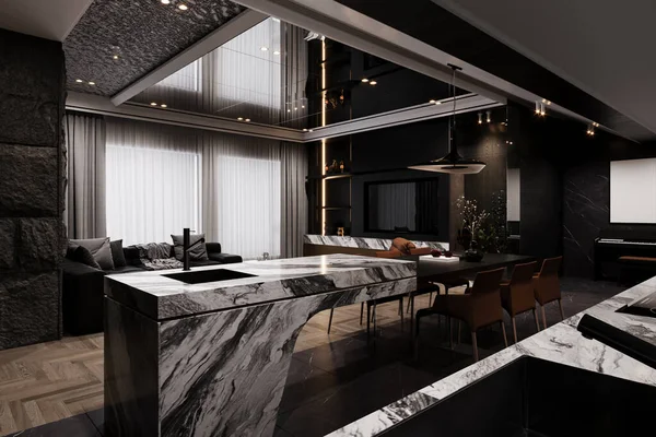 The stylish interior of a Black kitchen set with built-in kitchen counter and appliances, 3d rendering