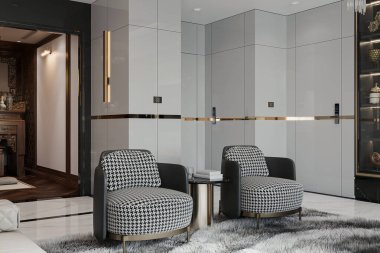 Modern, klasik tarzda iki koltuklu bir oturma odası. 3B görüntüleme