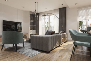 Pencereli, ahşap döşemeli ve mobilyalı şık, parlak oturma odası tasarımı. 3B görüntüleme