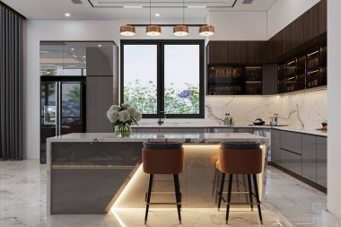 Çiçekler tezgahın üstünde, tabureler modern açık mutfakta. 3B görüntüleme