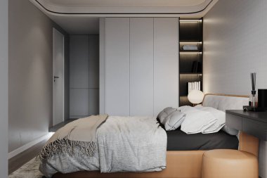 Gri ekose ve yastık modern bir yatak odasında yatıyordu. 3B görüntüleme