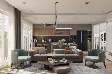 Balkon kapısının yanındaki modern minimalist yaşam alanında iç dizayn ve basit bir mutfak.