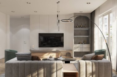 Balkon kapısının yanındaki modern minimalist yaşam alanında iç dizayn. 3B görüntüleme