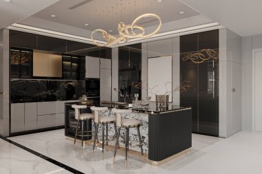 Bir konutta modern ve lüks mutfak iç tasarımı. 3B görüntüleme
