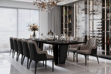 İç tasarım modern klasik yemek alanı tarzı siyah mermer ve siyah çelik desenli. 3B görüntüleme