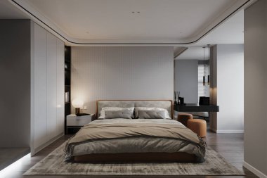 Modern bir yatak odasında modern bir iç mekan. 3B görüntüleme