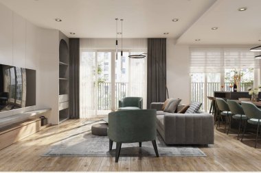 Modern açık planlı bir daire, şık bir oturma odası ve tek odalı bir yemek odası. 3B görüntüleme