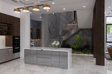 Modern konutlarda açık mutfak iç tasarımı. 3B görüntüleme