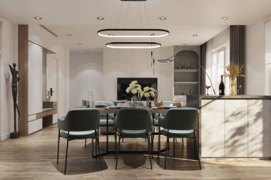 Yemek masasının üzerinde basit bir Chandelier kolye. 3B görüntüleme