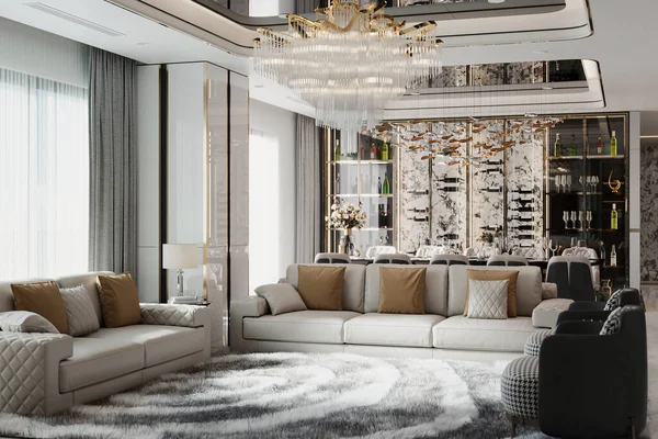 A modern, classic-style living room along with the luxury sofa, and pouf, chandelier. 3D rendering