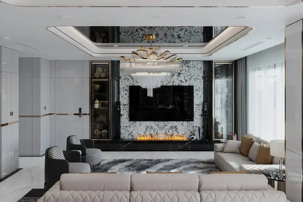 A luxury pendant chandelier hanging on the mirrored ceiling in the modern living space. 3D rendering