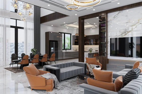 A luxury residence interior with luxury furniture in the space. 3D rendering