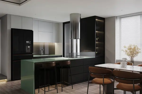 Green and white interior in a minimalist Kitchen. 3D rendering