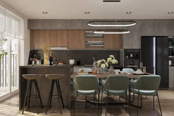 Interior design in a modern minimalist dining space near the balcony door and simple kitchen in one space.3D render