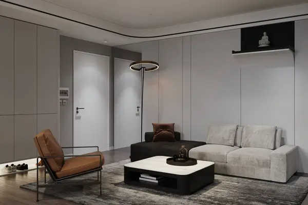Interior Moderno Uma Sala Estar Minimalista Com Mobiliário Simples Renderização — Fotografia de Stock
