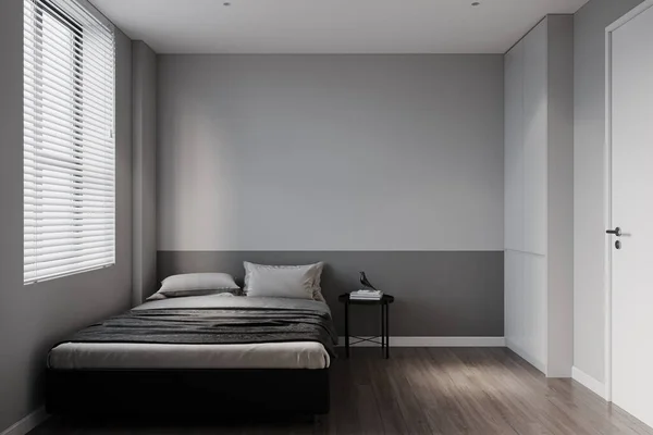 Panoramic window beside the comfy and simple bed. 3D rendering
