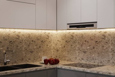 Mutfak tezgahında elma ve çay fincanı, mutfakta beyaz dolap. 3B görüntüleme