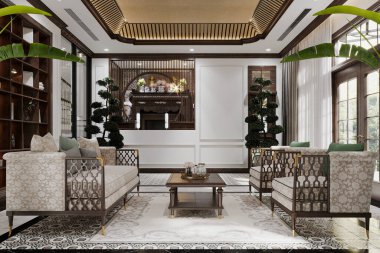 Estetik mobilyalarla dolu asgari bir oturma odasında iç dizayn. 3B görüntüleme