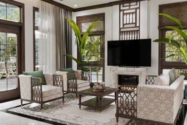 Estetik mobilyalar ve tropikal bitkilerle oturma odasına minimalist iç tasarım. 3B görüntüleme