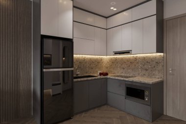 Modern mutfak iç tasarımı. 3B görüntüleme