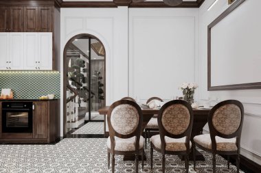 Modern lüks otantik yemek odası iç tasarımı. 3B görüntüleme