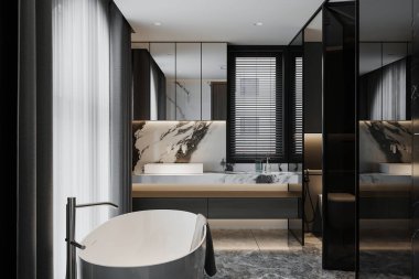 Banyo küveti ve cam kaplamalı modern lüks duş yeri. 3B görüntüleme