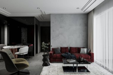 Oturma odasında lüks kumaşlar, metal aksanlar ve cesur beyan parçaları var. 3B görüntüleme