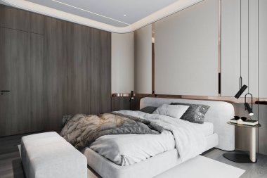 Yastıklı, beyaz ve rahat bir yatak odası, modern yatak odasında ekose. 3B görüntüleme