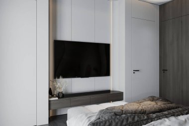 Beyaz tahta duvarın içi yatak odasına. 3B görüntüleme